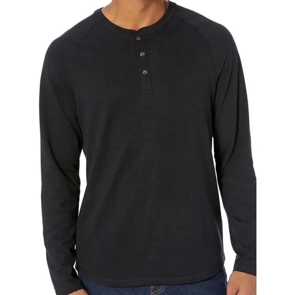 Amazon Essentials Men's Large Black Regular Fit Long-Sleeve Henley Shirt NWT